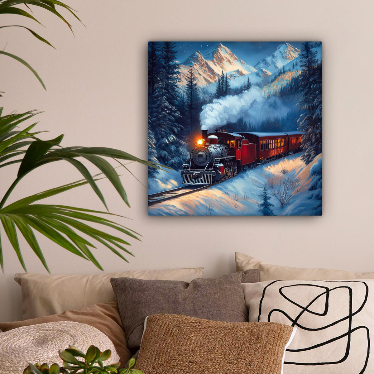 LEINWANDBILD Zug - Weihnachten - Schnee - Weihnachtszug Wandbild Wohnzimmer 50x50 cm - Anthrazit, Textil (50/50cm) - MuchoWow