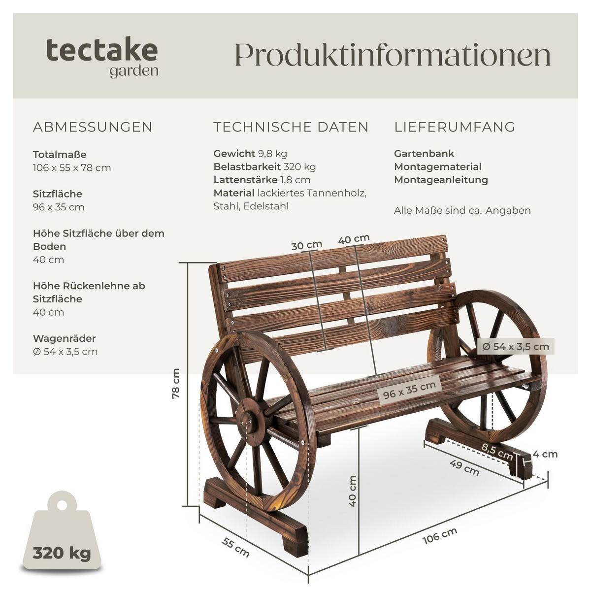 GARTENBANK Howdy, Belastbarkeit 320 kg, braun - Braun, Holz (106/78/55cm) - tectake