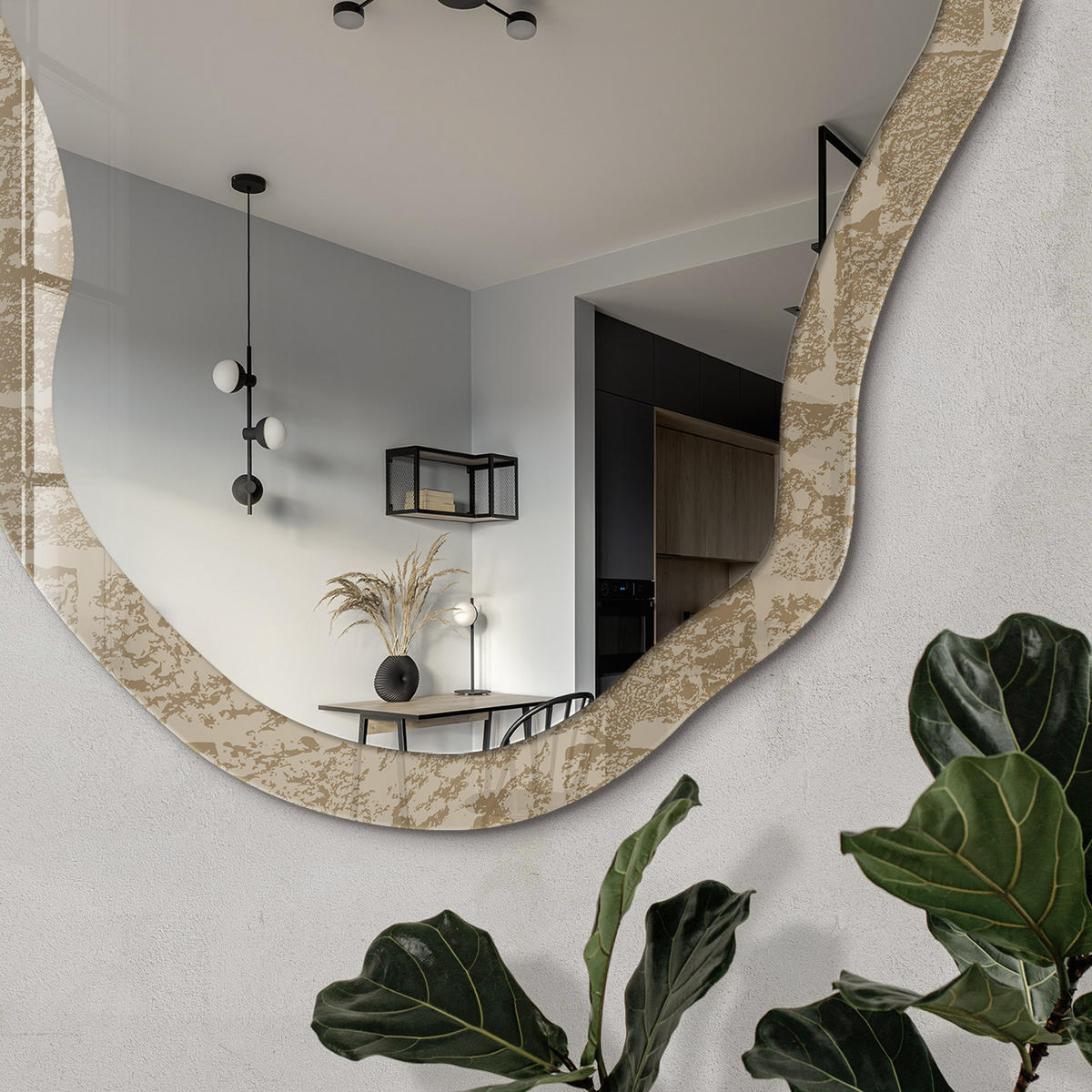 SPIEGEL 90x45 cm asymmetrisch mit Druck - Steinmauer - Transparent, Glas (45/90/0.4cm) - TULUP