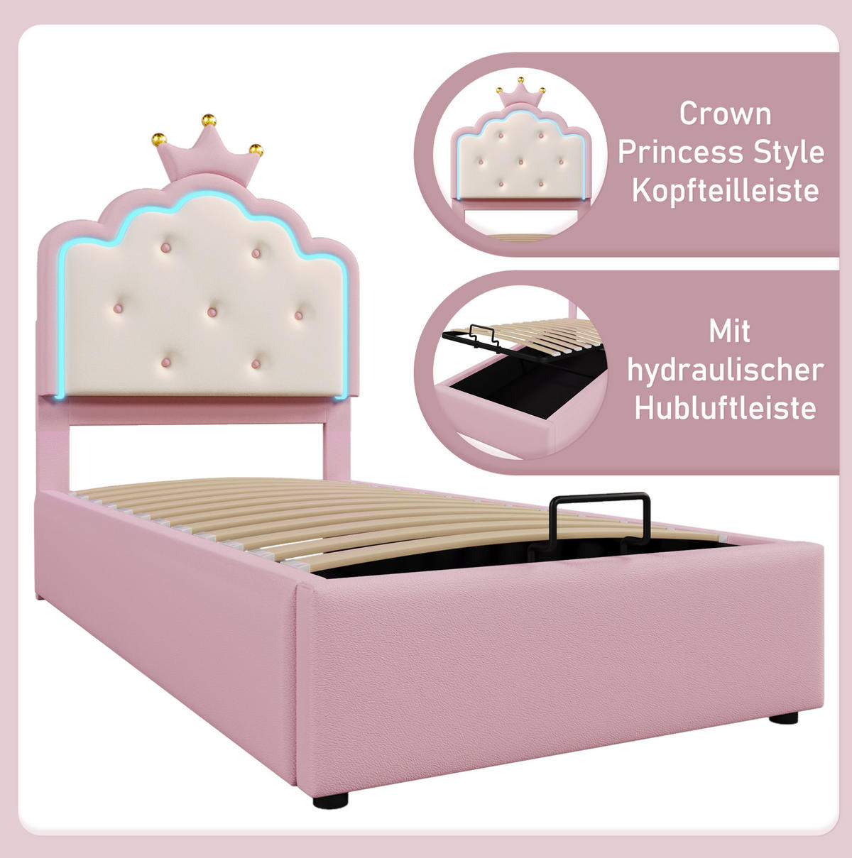 POLSTERBETT 90/200 cm mit Lattenrost, LED-Ambientelicht und hydraulischem Stauraum aus PU, Pink - Rosa, Kunststoff (90/200cm) - Redom