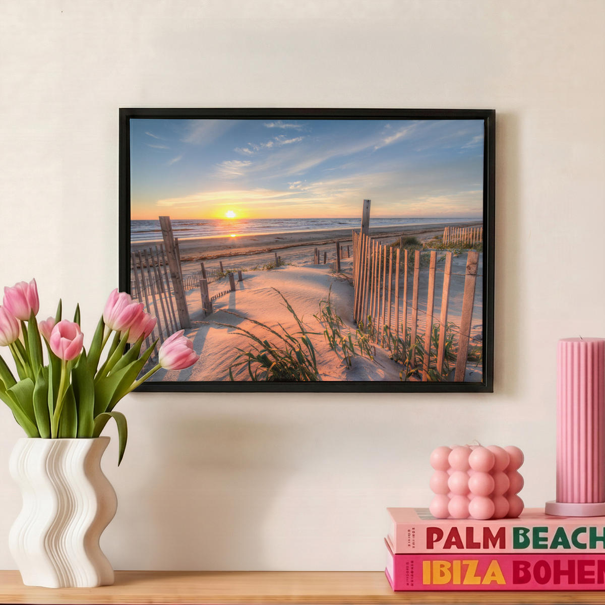 LEINWAND Bilder mit Rahmen - Strand - Meer - Düne - Sonnenuntergang - Landschaft - 40x30 - Beige, Textil (40/30cm) - MuchoWow