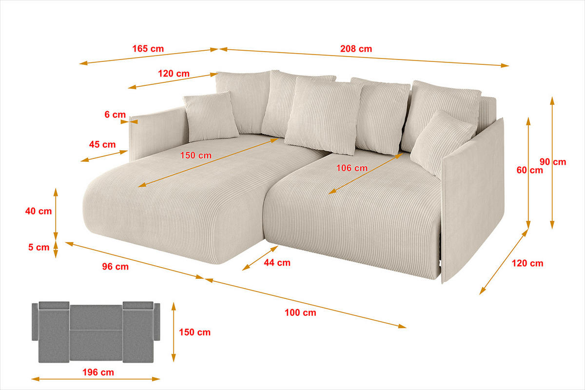 ECKSOFA mit Schlaffunktion und Bettkasten ONESK-L 208x165x40 Beige Cord - Beige, Holzwerkstoff/Kunststoff (208/165cm) - ALTDECOR