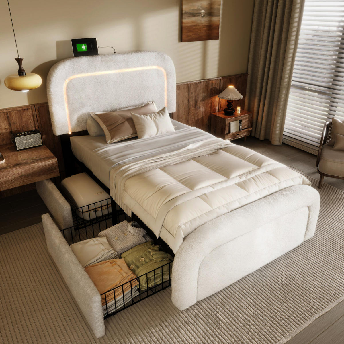 POLSTERBETT 90/200 cm aus Sherpa mit LED-Beleuchtung, USB-C und 2 Schubladen Weiß - Weiß, Fell (90/200cm) - Modenvie