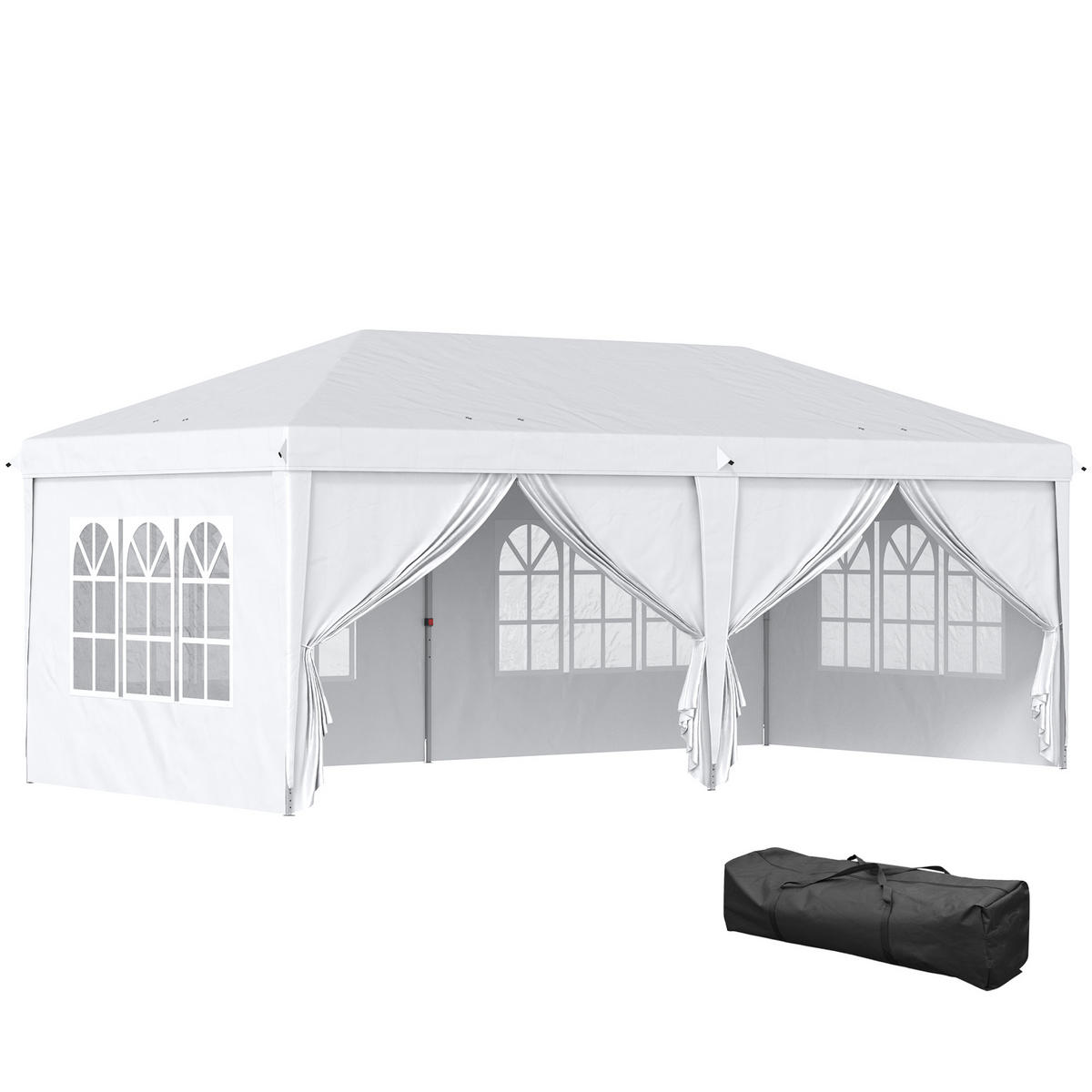 FALTPAVILLON 6 x 3 m, abnehmbare Seitenwände, große Fenster, Reißverschlusstüren, Stahlrahmen, Weiß - Weiß, Metall (585/270/295cm)