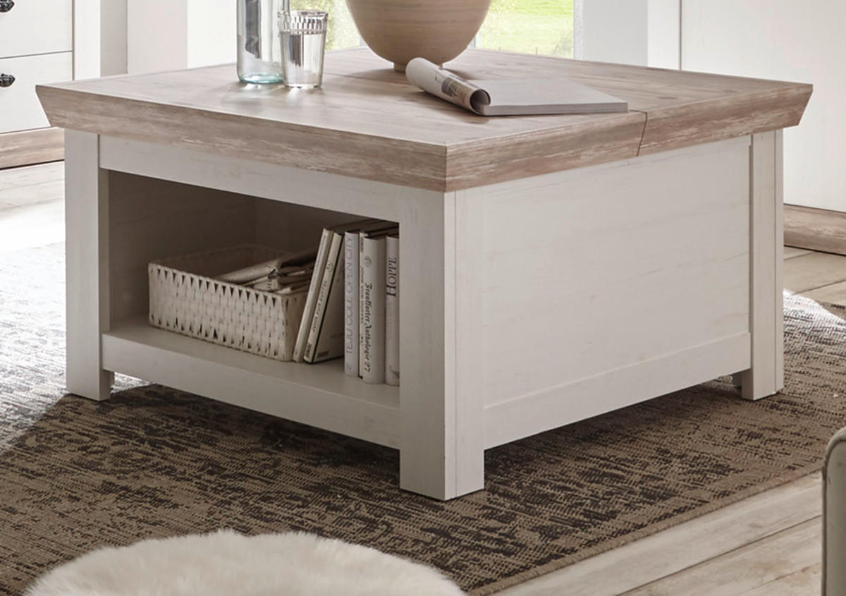 COUCHTISCH Pinie weiß, Oslo Pinie Landhaus, Beistelltisch mit Truhe Ablage, 86 x 86 cm quadratisch - Weiß/Pinienfarben, Holzwerkstoff (86/86/48cm) - Furn.Design