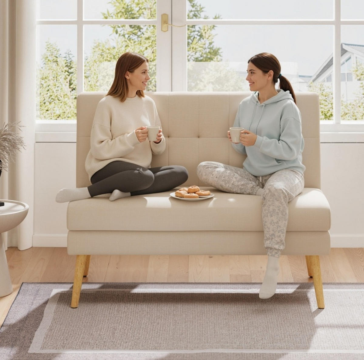 2-SITZER-SOFA aus Kautschukholz 118x68x90 cm in Beige mit getufteter Rückenlehne - Beige, Textil (68/90/118cm) - Modfu