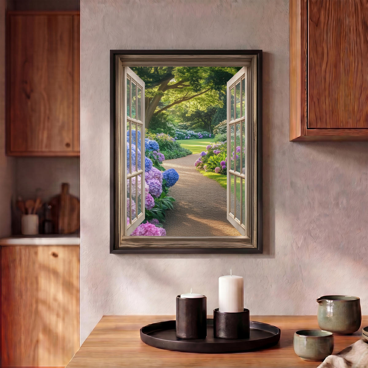 LEINWAND Bilder mit Rahmen - Aussicht - Garten - Fenster - Hortensie - Blumen - 30x40 - Pastellblau, Textil (30/40cm) - MuchoWow