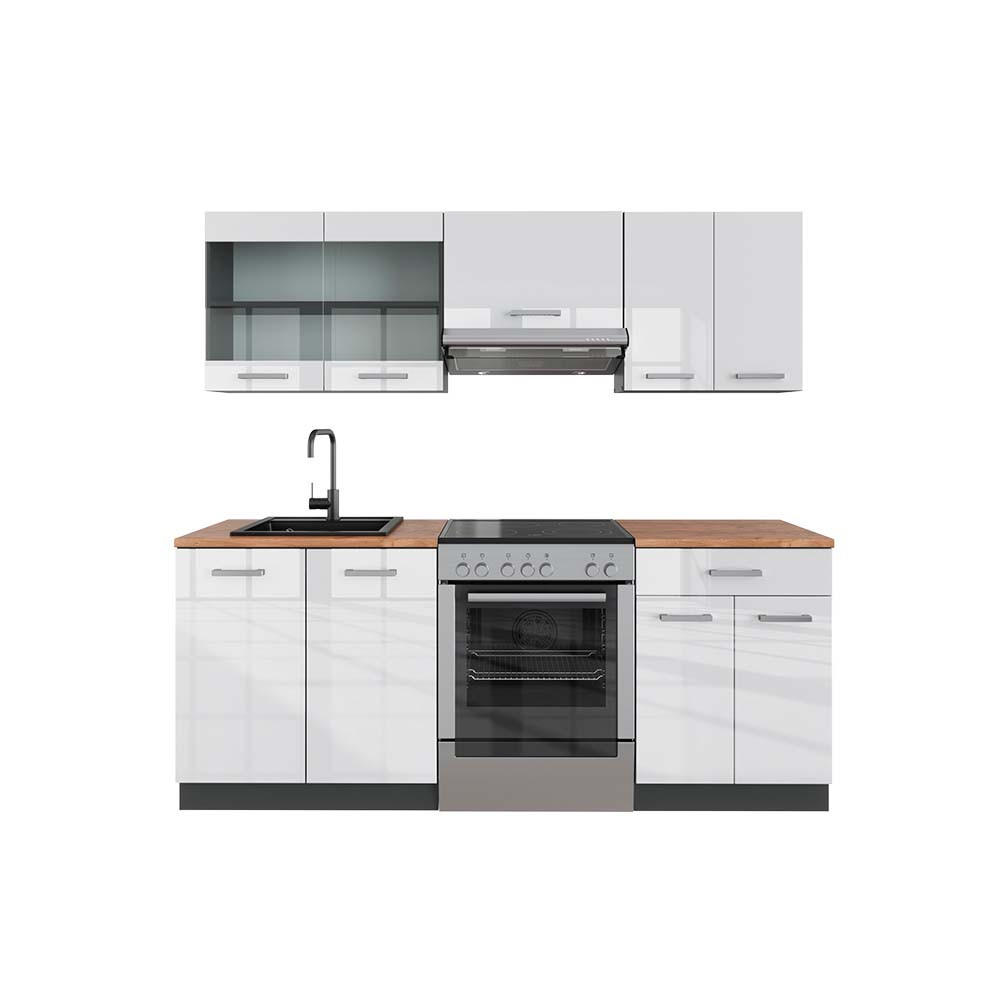 KÜCHENZEILE R-Line Weiß Hochglanz/Anthrazit 200 cm, AP Eiche - Weiß Hochglanz/Anthrazit, Holzwerkstoff (200/81.6/60cm) - Vicco