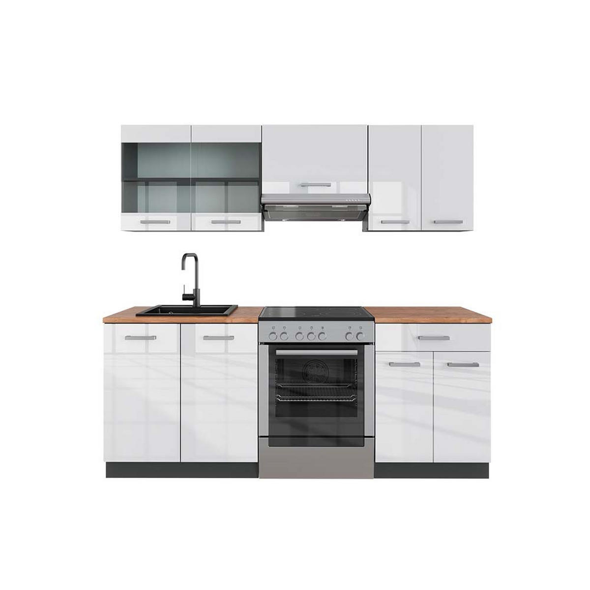 KÜCHENZEILE R-Line Weiß Hochglanz/Anthrazit 200 cm, AP Eiche - Weiß Hochglanz/Anthrazit, Holzwerkstoff (200/81.6/60cm) - Vicco