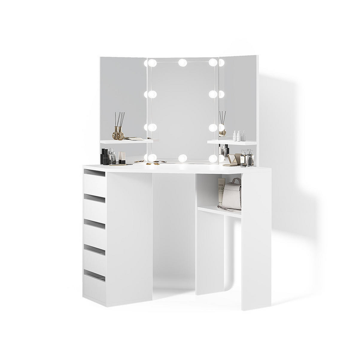 ECKSCHMINKTISCH Enna Weiß 110 cm mit LED Beleuchtung - Weiß, Holzwerkstoff (110/141.5/54cm) - Livinity®