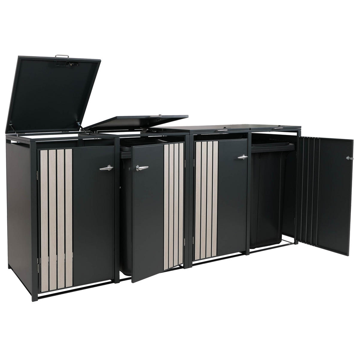 MÜLLTONNENBOX 4er mit Deckel HxBxT 122x250x84cm Anthrazit Holzoptik hell - Anthrazit, Metall (250/122/84cm) - PROREGAL