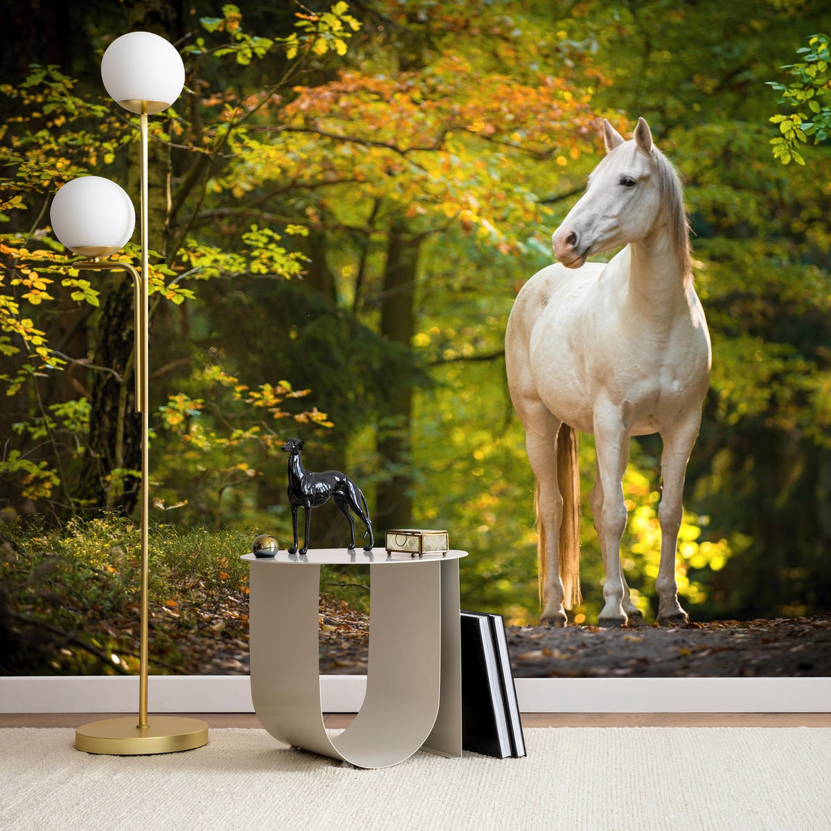 FOTOTAPETE für Schlafzimmer Weißes Pferd Wald Bäume Blätter 250x175 - Gelb/Beige, Papier (250/175cm) - Muralo