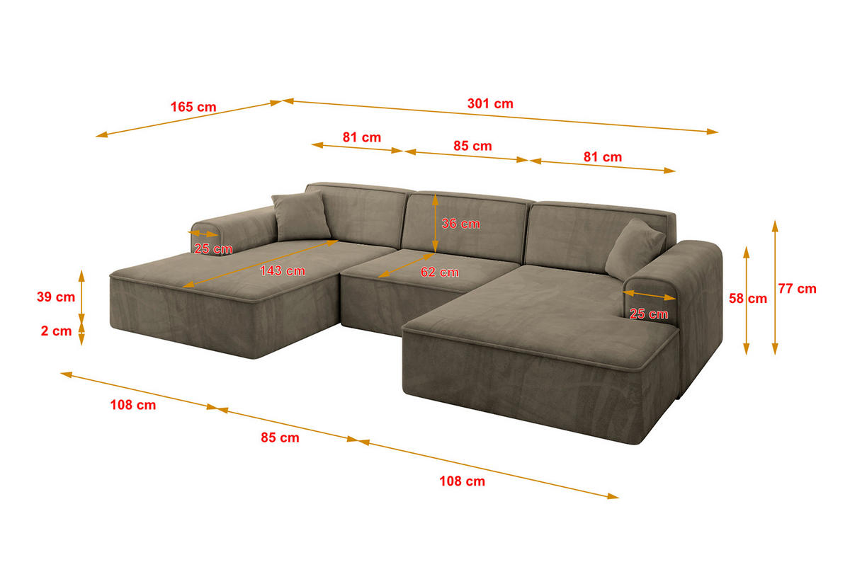SEDACÍ SOUPRAVA ve tvaru U IREA-U1-v3 301x165x77 Hnědá Velur - černá/hnědá, kompozitní dřevo/textil (303/79/171cm) - ALTDECOR