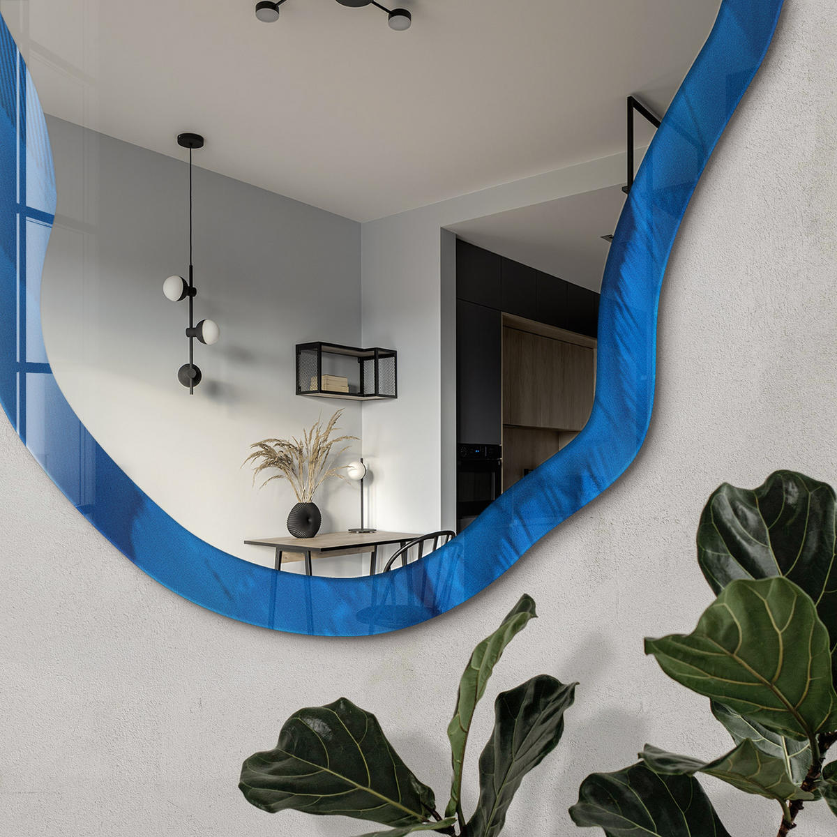 SPIEGEL 90x45 cm asymmetrisch mit Druck - Blaue Federn - Transparent, Glas (45/90/0.4cm) - TULUP