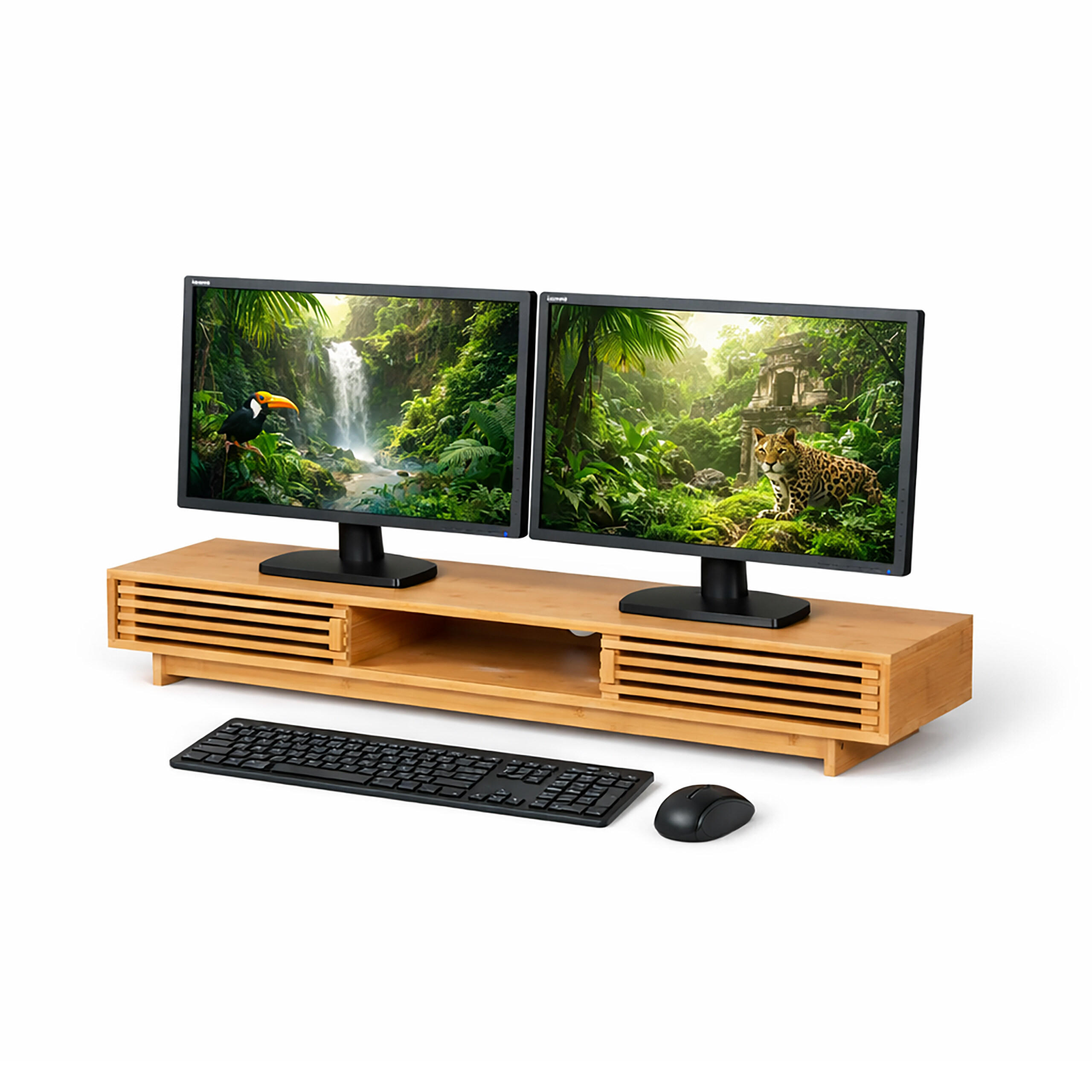 MONITORSTÄNDER Natur Bambus 3 Fächer - Hellbraun, Holz/Textil (24.5/96.5/14cm) - Relaxdays