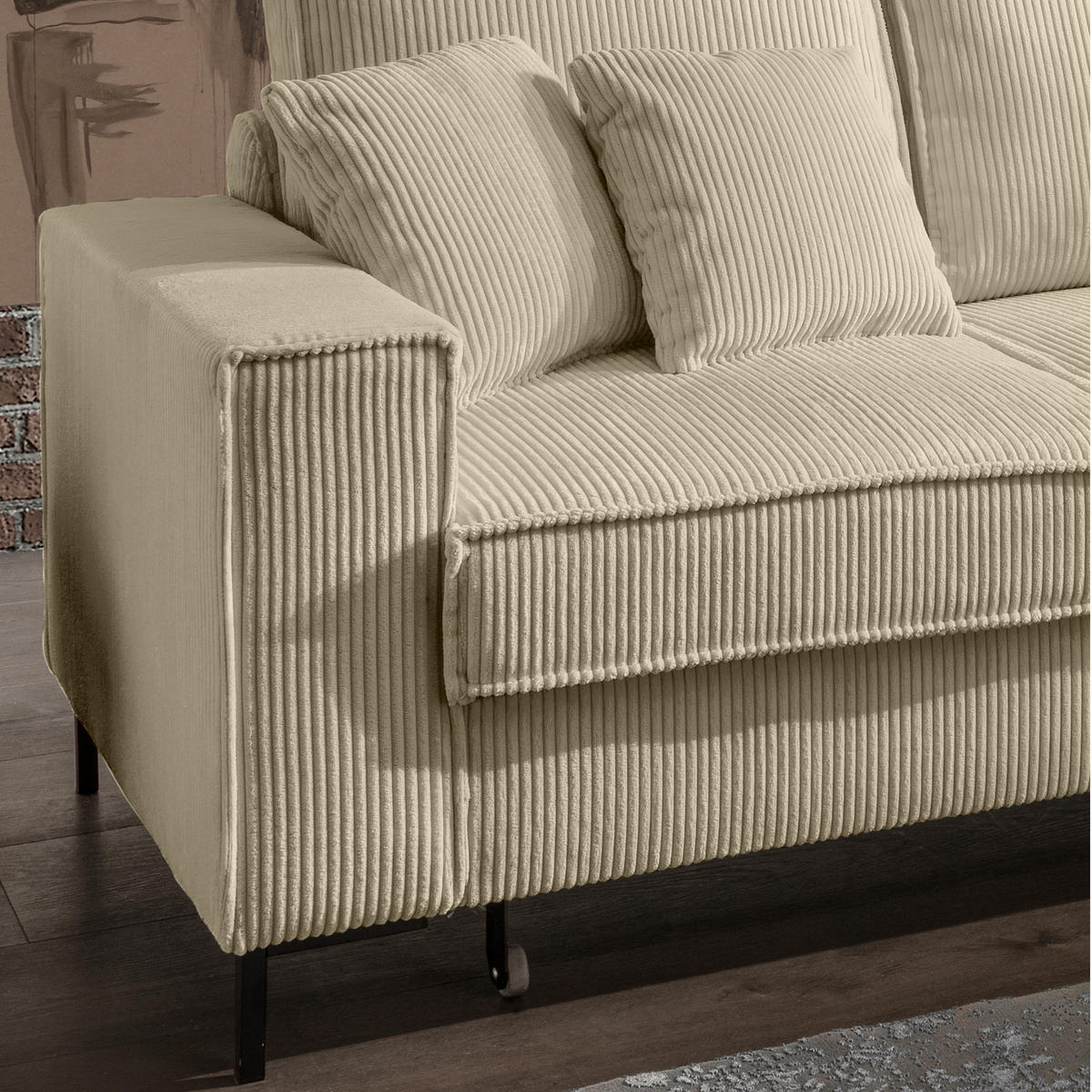ECKSOFA mit Schlaffunktion, Bettkasten, Wellenunterfederung, Récamiere rechts B240/T150/H92 cm, Liegefl. 125x198 cm, Cord Beige Grau / 17220 - Greige/Beige, Textil/Metall (240/150cm) - luma-home