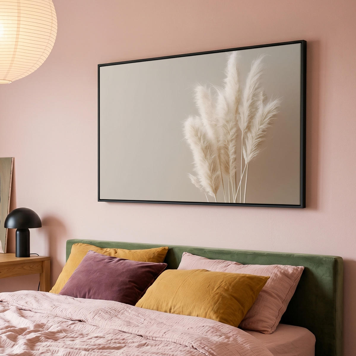LEINWAND Bilder mit Rahmen - Pampasgras - Federn - Pastell - Weiß - 140x90 - Naturfarben, Textil (140/90cm) - MuchoWow
