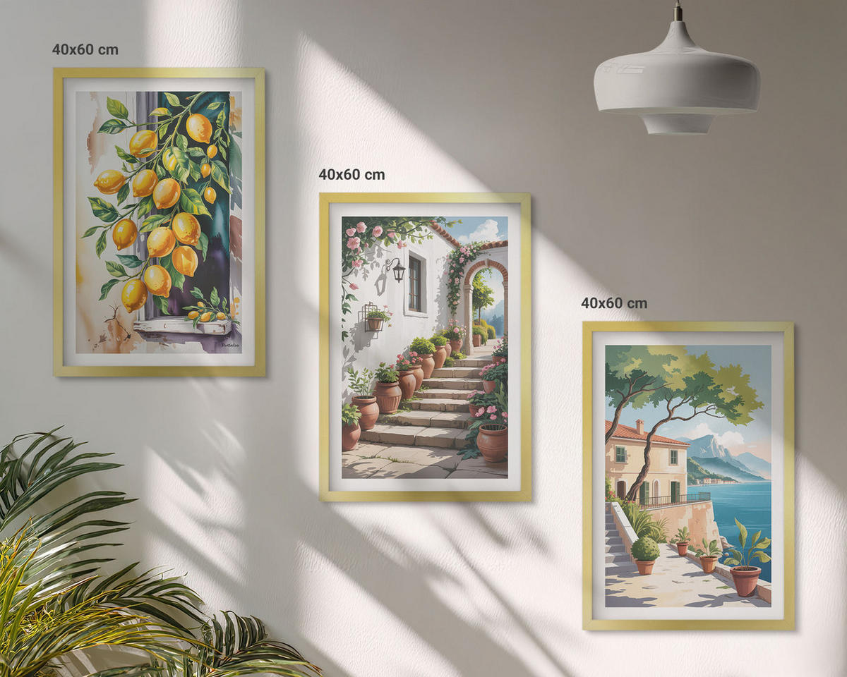 BILDER SET 3er Set - 40x60 cm Goldrahmen - Zitronen, Blumen, Meerblick - Goldfarben, Kunststoff (40/60cm) - TULUP
