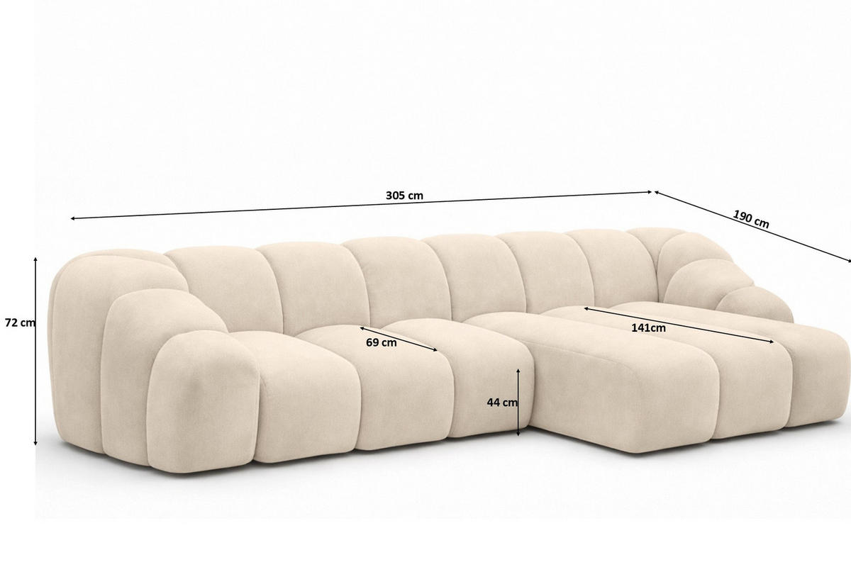 ECKSOFA Modulare L-Form, Veloursstoff Bluvel, Creme, Rechts, CROISSANT L - Creme, Holz (305/190cm) - Kaiser Möbel