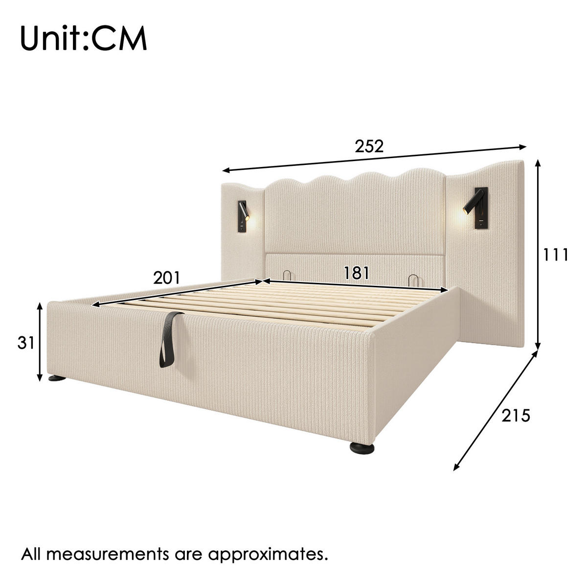 BETT mit Stauraum und Leselampe 180x200 cm Cord Beige-Weiß - Beige, Metall (180/200cm) - Meubliv