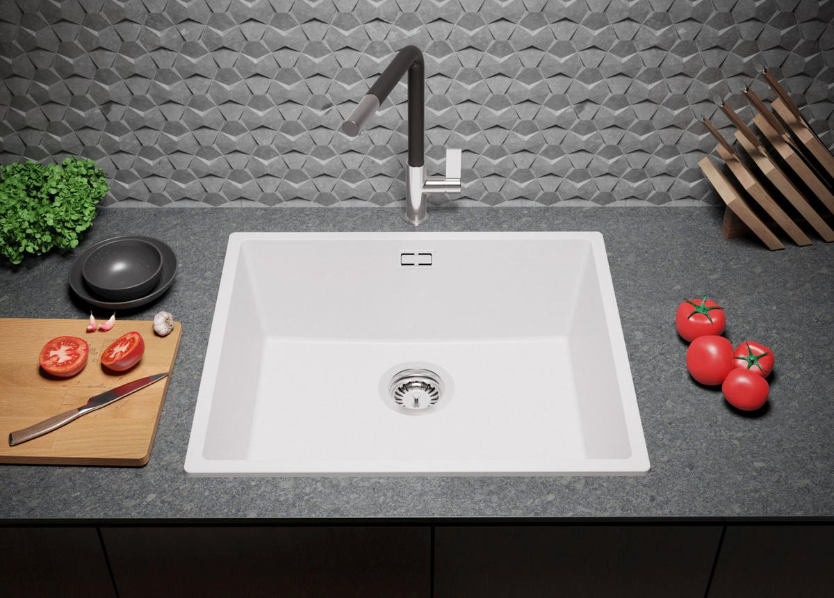 GRANITSPÜLE London Slim, 2-er set Alles Weiß 56/47 cm 1 Becken + Küchenarmatur 40/20 cm + Ablauf-Set ab 60er Unterschrank - Weiß, Kunststoff (56/20/47cm) - Primagran