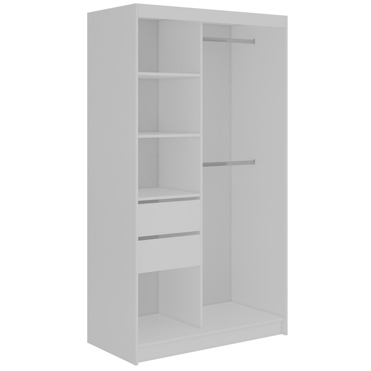 SCHWEBETÜRENSCHRANK mit Spiegel und Schubladen - WALENCJA - 120 - Weiß lacobel - Alufarben/Weiß, Holzwerkstoff/Metall (120/216/61cm) - MKS