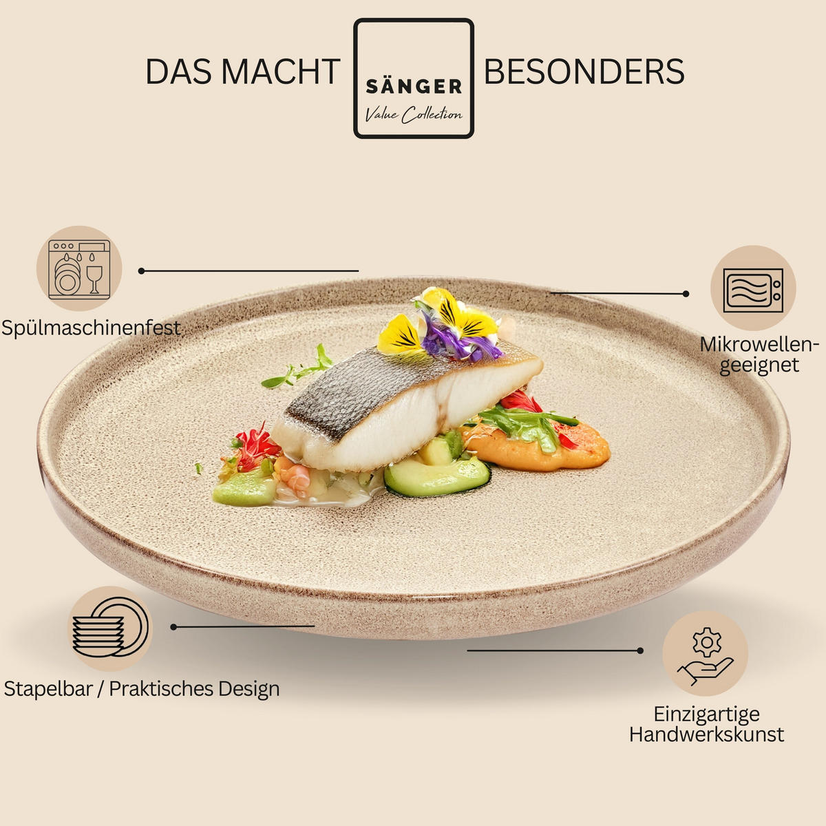 SPEISETELLER SET KAIRO MOCHA - 4 teilig aus Steingut - Beige, Keramik (34.6cm) - Sänger