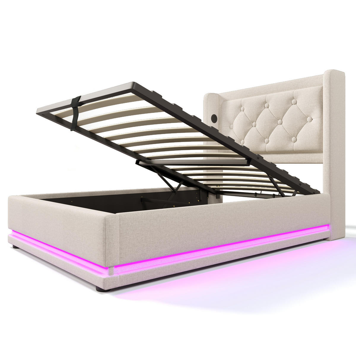 POLSTERBETT 90/200 cm mit hydraulischem Bettkasten, USB/Typ-C & 3-seitiger LED, Beige - Beige, Textil (90/200cm) - Redom