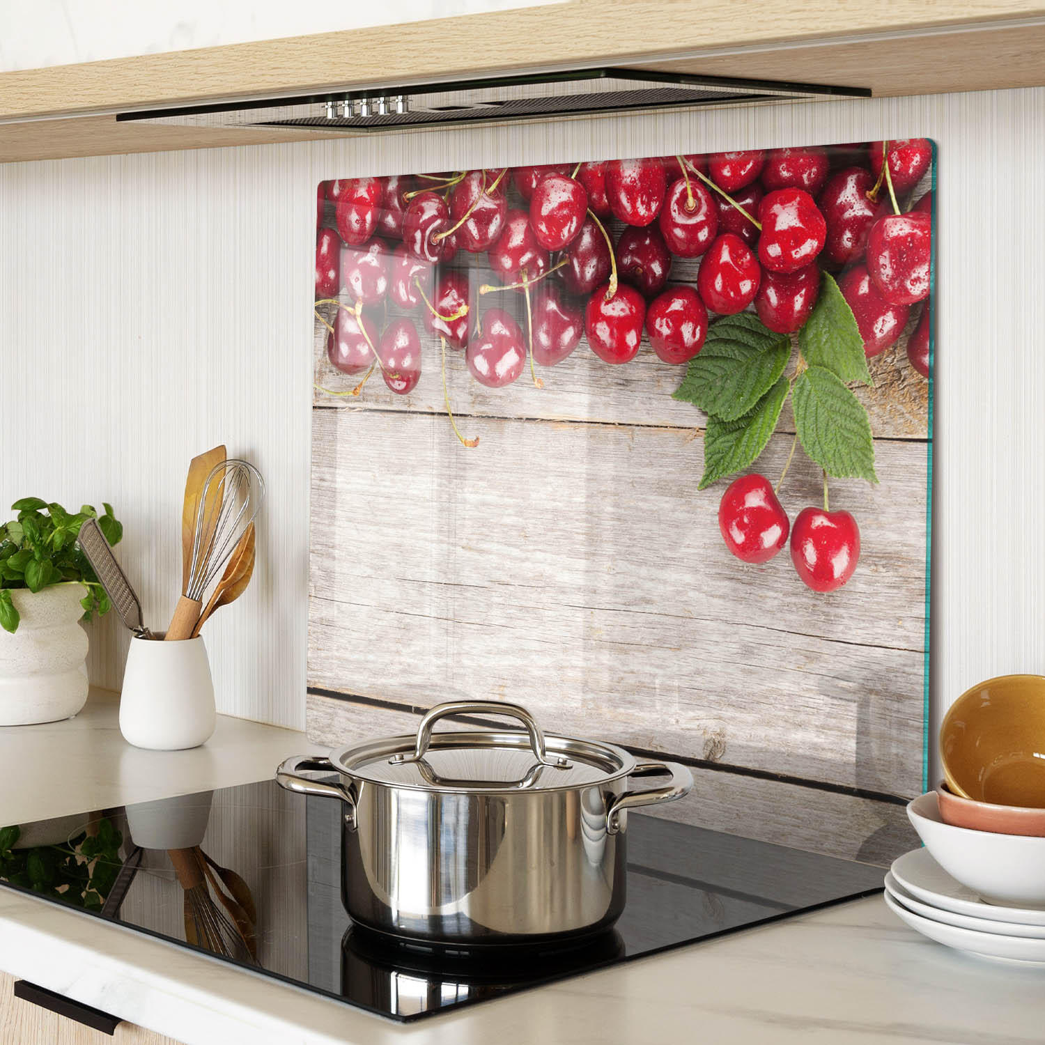GLASPLATTE 60x52 cm Kirschen auf Holz - Rot, Glas (60/0.4/52cm) - TULUP