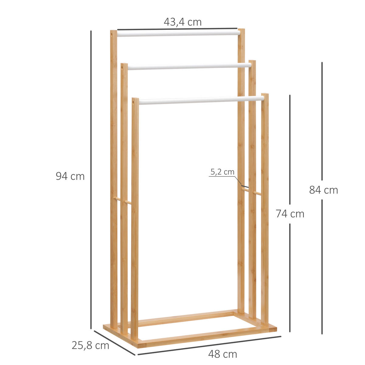 HANDTUCHHALTER mit 3 Stangen, ohne Bohren, Bambus, Natur, 48 x 25,8 x 94 cm - Naturfarben, Holz (25.8/94/48cm) - HOMCOM