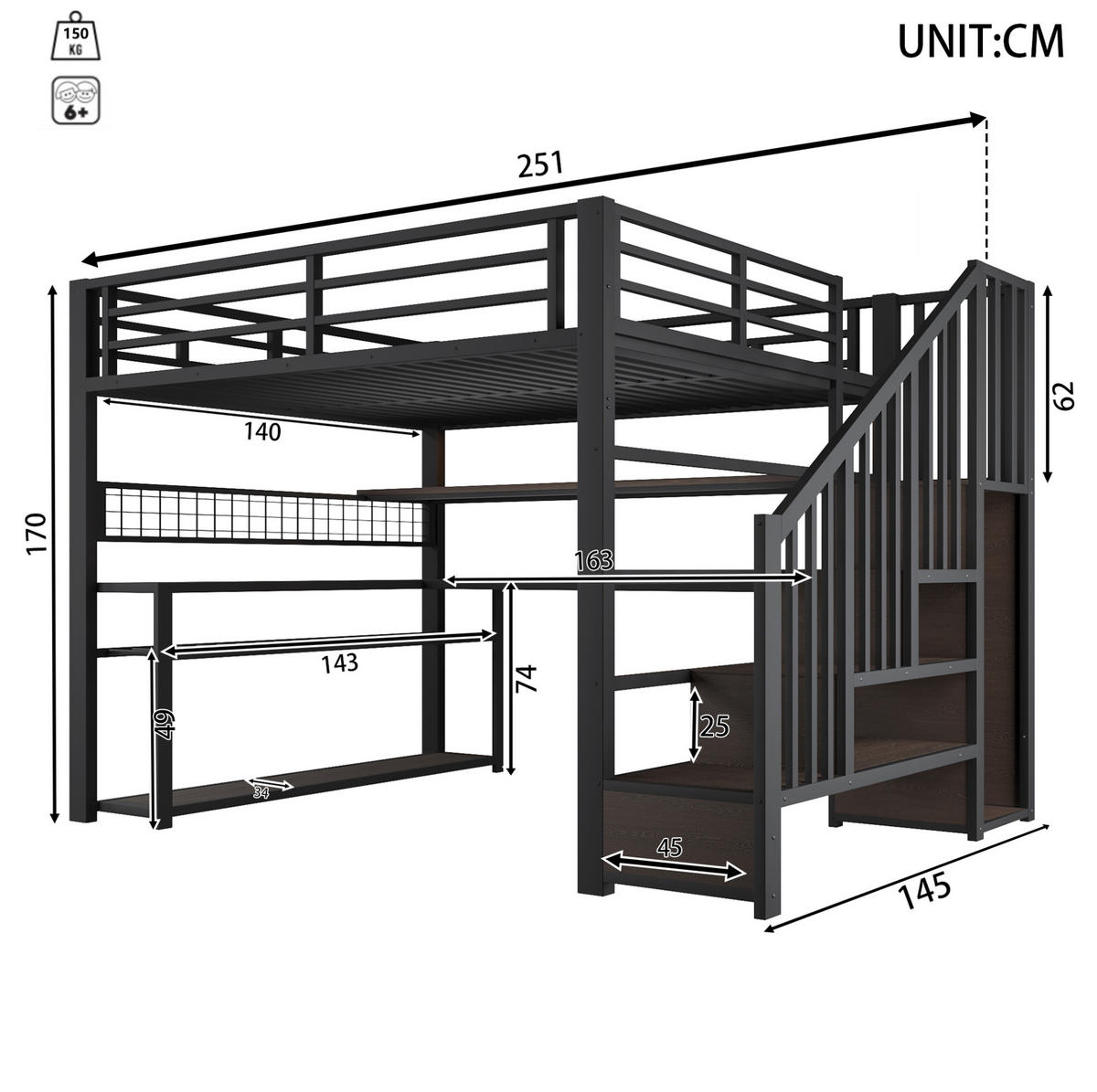 HOCHBETT 140/200 cm mit LED, Schreibtisch, Kleiderschrank und Stauraum - Schwarz, Metall (140/200cm) - MIVRAY
