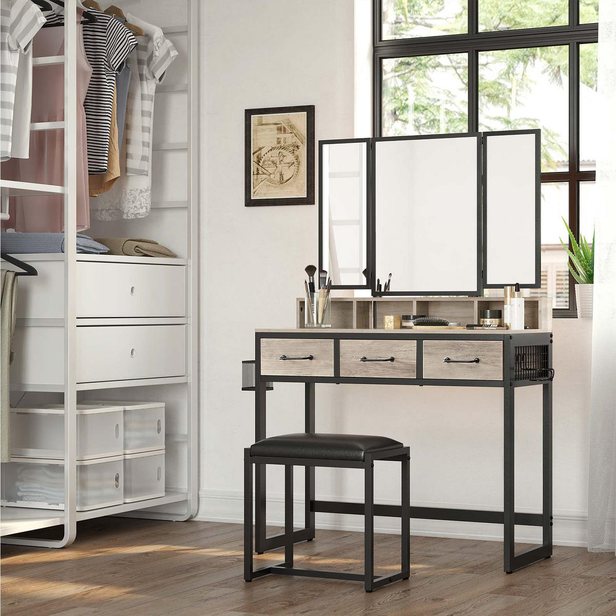 SCHMINKTISCH MIT HOCKER - Schwarz, Holzwerkstoff (40/141/90cm) - Hansiro