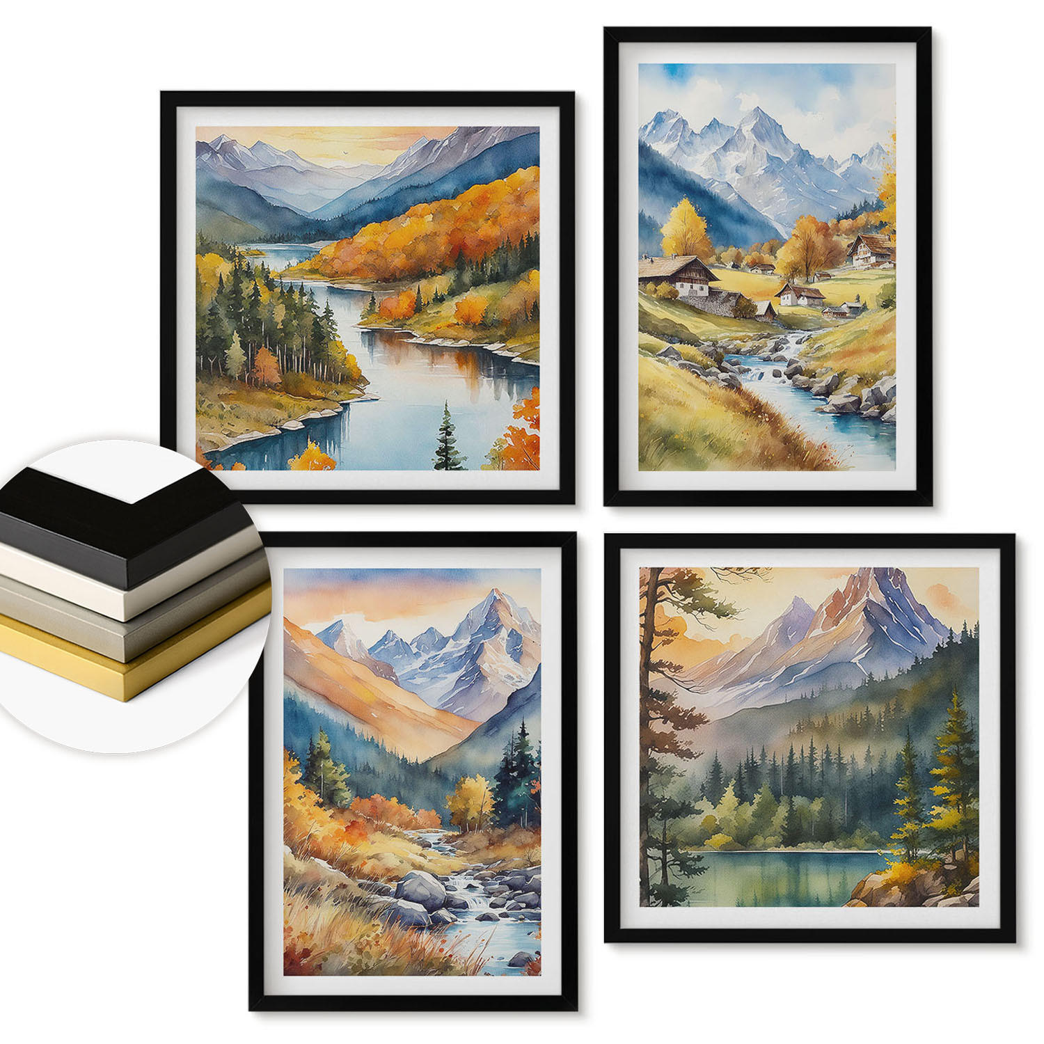 WANDBILDER 4er-Set - 50x50 cm & 40x60 cm Schwarzer Rahmen - Berglandschaft, Flusshütten - Schwarz, Kunststoff (50/50cm) - ArtPrintCave