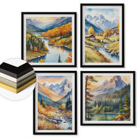 WANDBILDER 4er-Set - 50x50 cm & 40x60 cm Schwarzer Rahmen - Berglandschaft, Flusshütten - Schwarz, Kunststoff (50/50cm) - ArtPrintCave