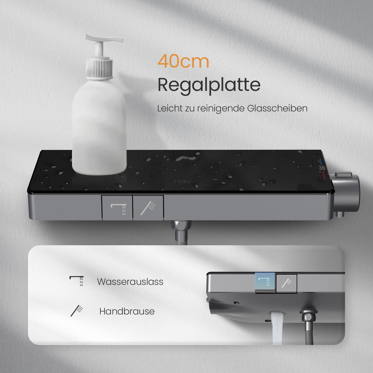 ÜBERKOPFBRAUSESET mit Thermostat Drei Wasserauslassmethoden Anthrazit - Anthrazit, Metall (10.5/66.5/39.5cm) - EMKE
