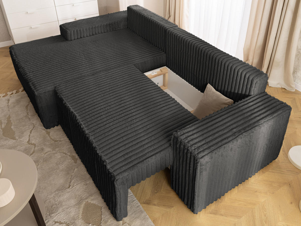 ECKSOFA Rivio mit Schlaffunktion und Bettkasten, Plüschcord Dunkelgrau - Dunkelgrau/Schwarz, Holz/Kunststoff (149/262cm) - S-Style