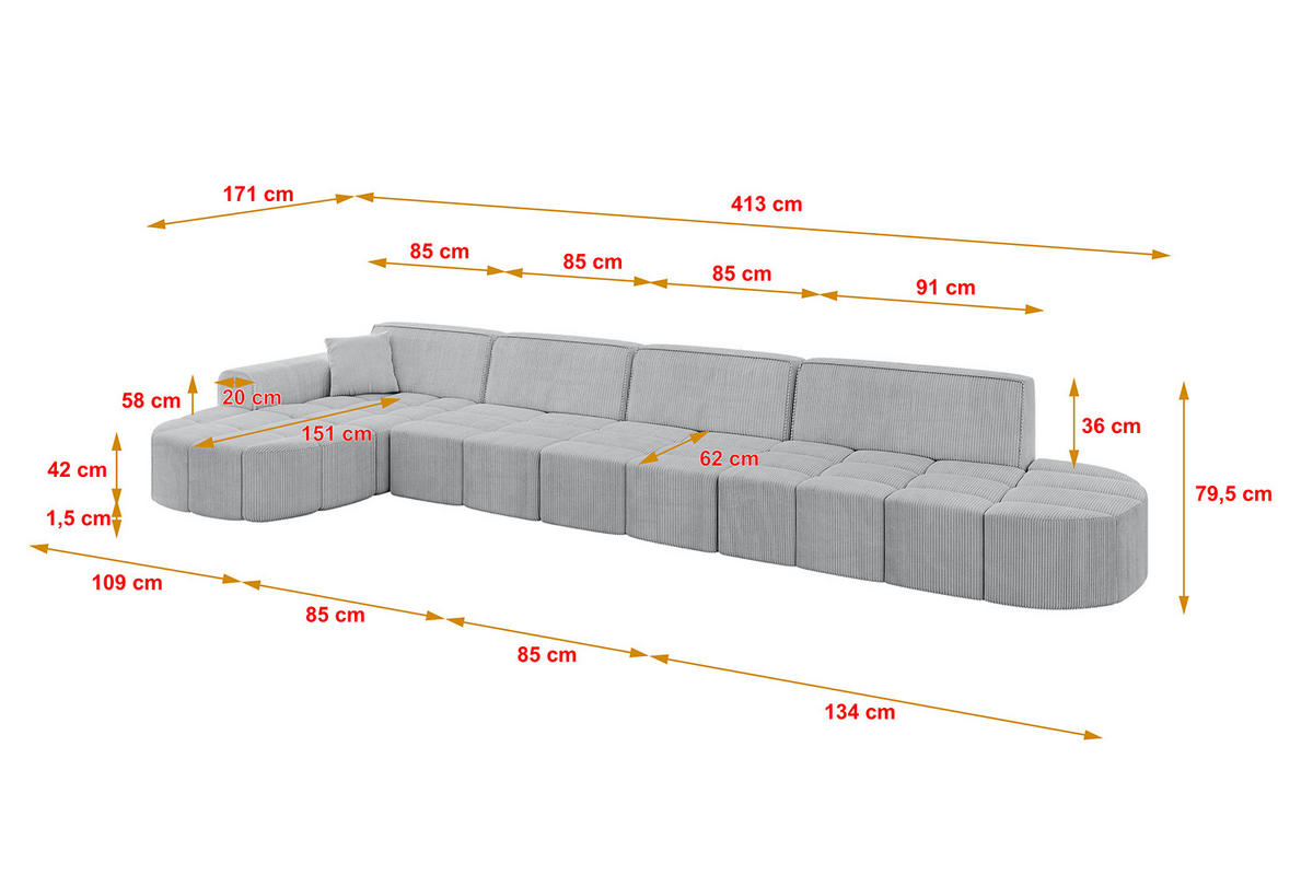 ECKSOFA Ottomane Links LIVO-L3 - 413x171x79,5 cm Grau - Grau, Holzwerkstoff/Textil (413/79.5/171cm) - ALTDECOR