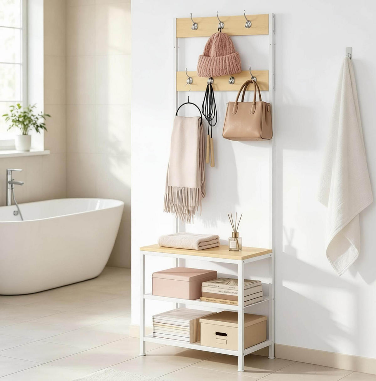 GARDEROBE 60/31,5/170 cm weiß aus Metall und Holz mit Schuhbank - Weiß, Metall (60/170/31.5cm) - OKWISH