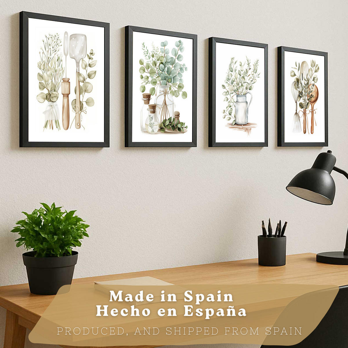 PLAKAT Sada 4 dekorativních nástěnných tisků, Botanická kuchyně. Bohémský venkovský styl. Rustikální kuchyně. Zelené rostliny. Velikost Černý rám A3 - černá, papír (29.7/42/3cm) - Nacnic