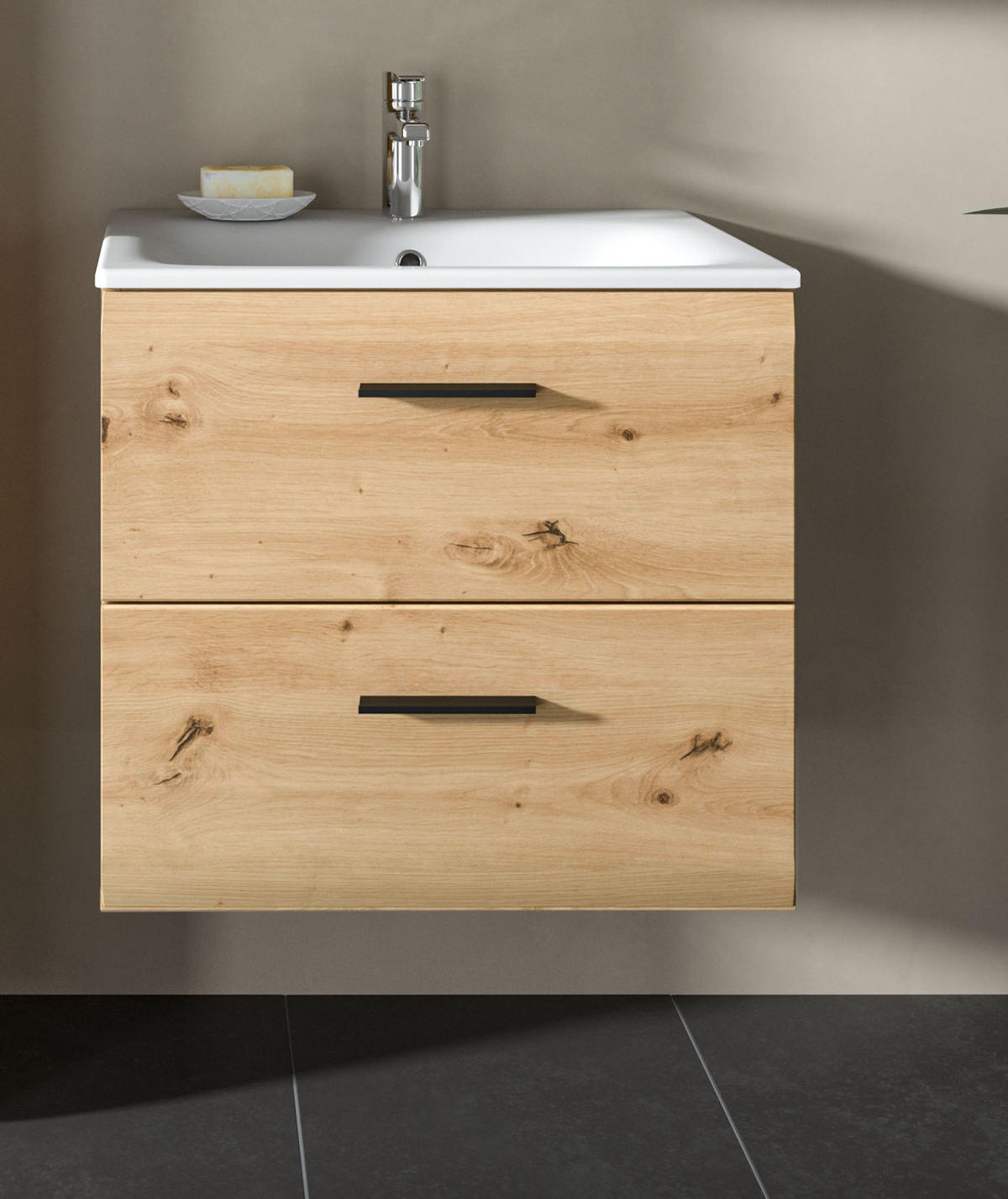 WASCHTISCH inklusive Waschbecken, Waschbeckenunterschrank Eiche hängend 60 cm - Schwarz/Eiche Artisan, Keramik/Holzwerkstoff (60/55/46cm) - Inn.Furn