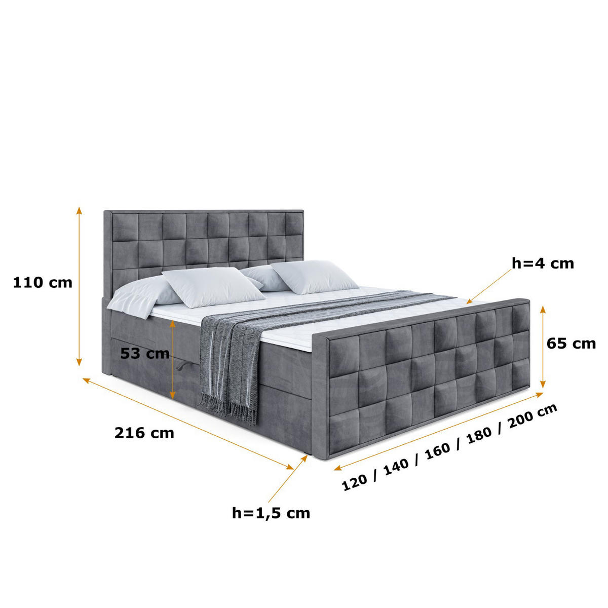 BOXBETT ZAFIRA - 120x200 - H3 - Dunkelgrau - Dunkelgrau, Holzwerkstoff (120/200cm) - ALTDECOR