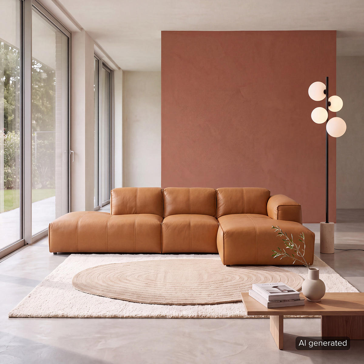 ECKSOFA mit Chaiselongue - Cognac/Schwarz, Leder/Kunststoff (290/173cm) - home24