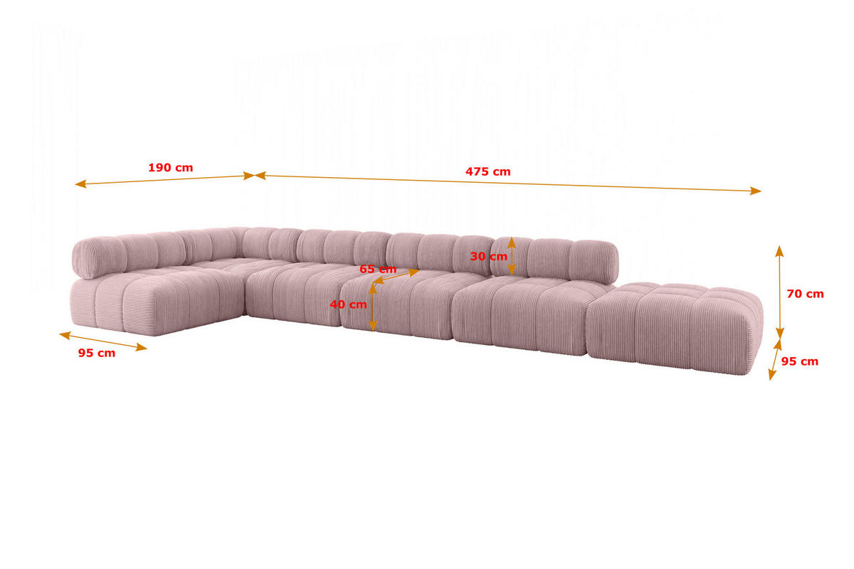 ECKSOFA modulares Sofa Favio-L3 - 475x190x70 cm Rosa Cord - Rosa, Holzwerkstoff/Textil (475/190cm) - ALTDECOR