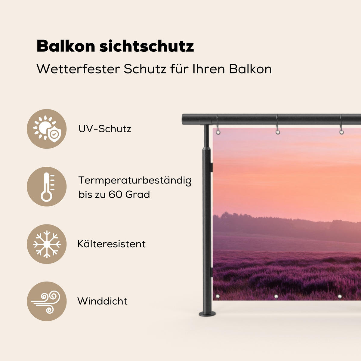 BALKON-SICHTSCHUTZ Baum - Heidekraut - Sonnenaufgang - Flieder, Kunststoff (200/110cm) - MuchoWow