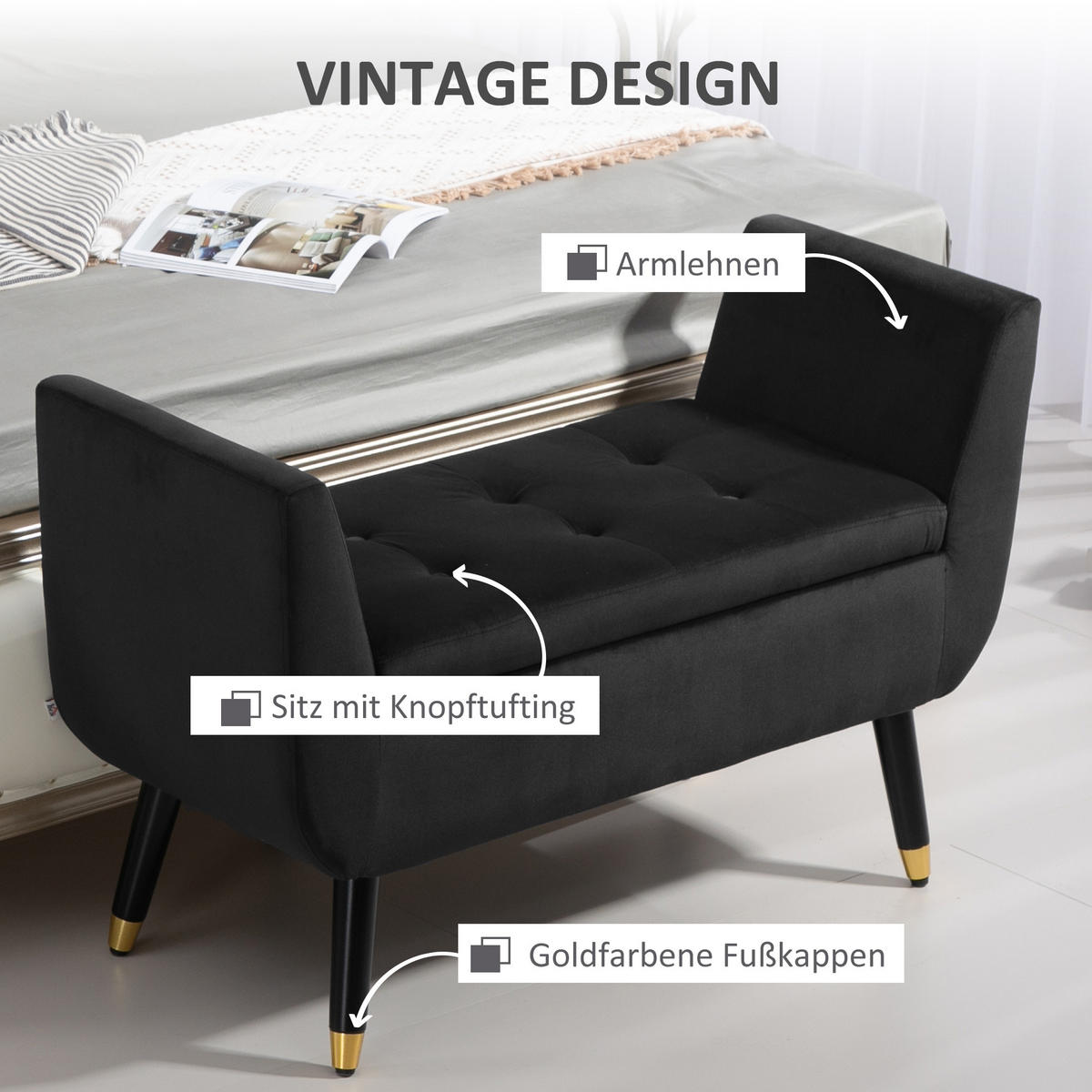 LUXUS Sitzbank Polsterbank mit Stauraum Armlehnen Polyester Holz Dunkelgrau - Dunkelgrau, Kunststoff (42/65/107cm) - HOMCOM