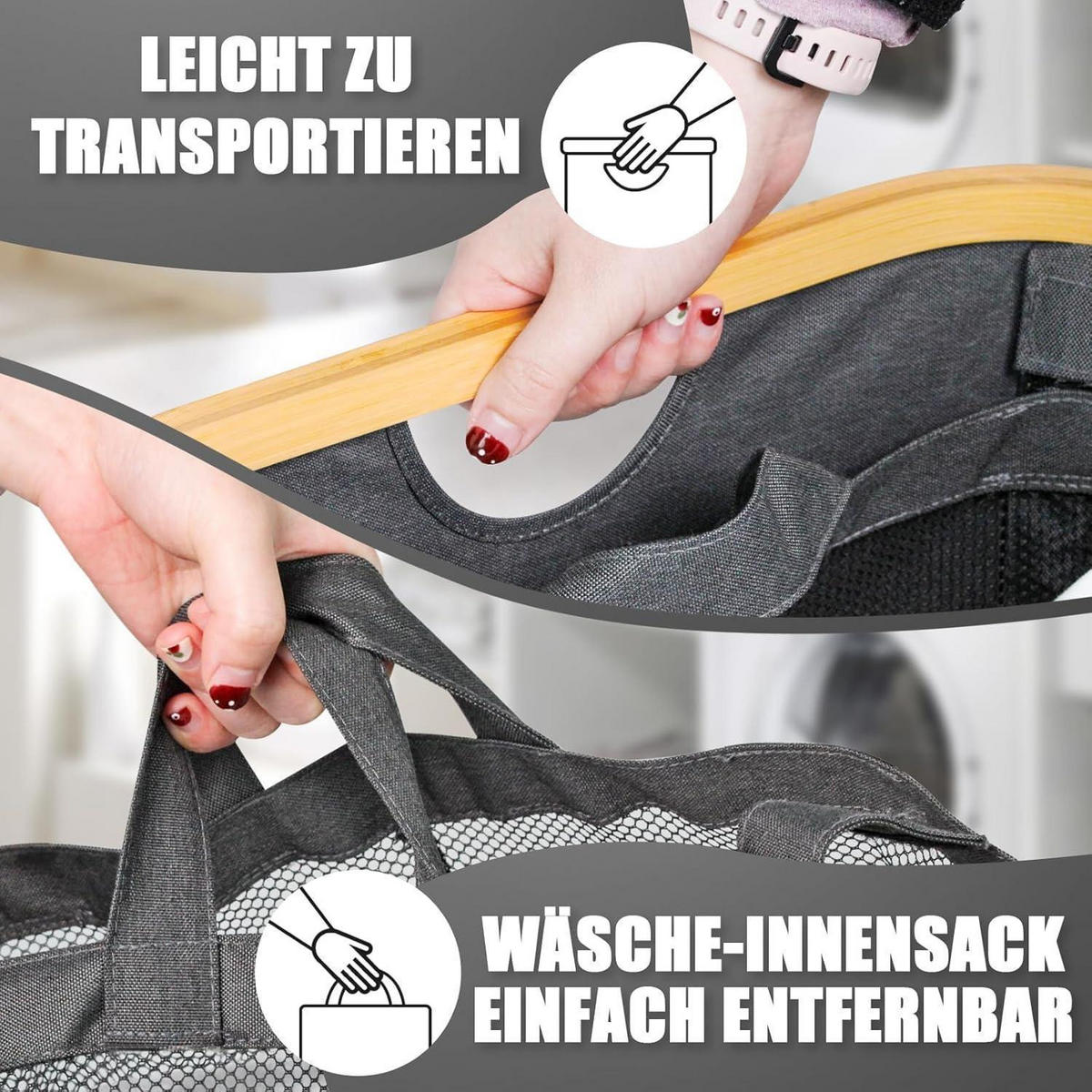 WÄSCHEKORB mit Deckel 145L 3 Fächer Dunkelgrau - Anthrazit, Textil (37/69/57cm)