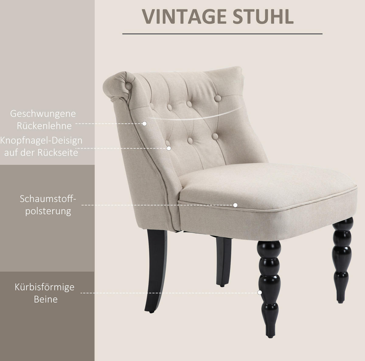 POLSTERSESSEL Vintage-Stil Leinenbezug mit Knopfdesign 67/67/78 cm Beige - Beige, Textil (67/78/67cm) - Redom