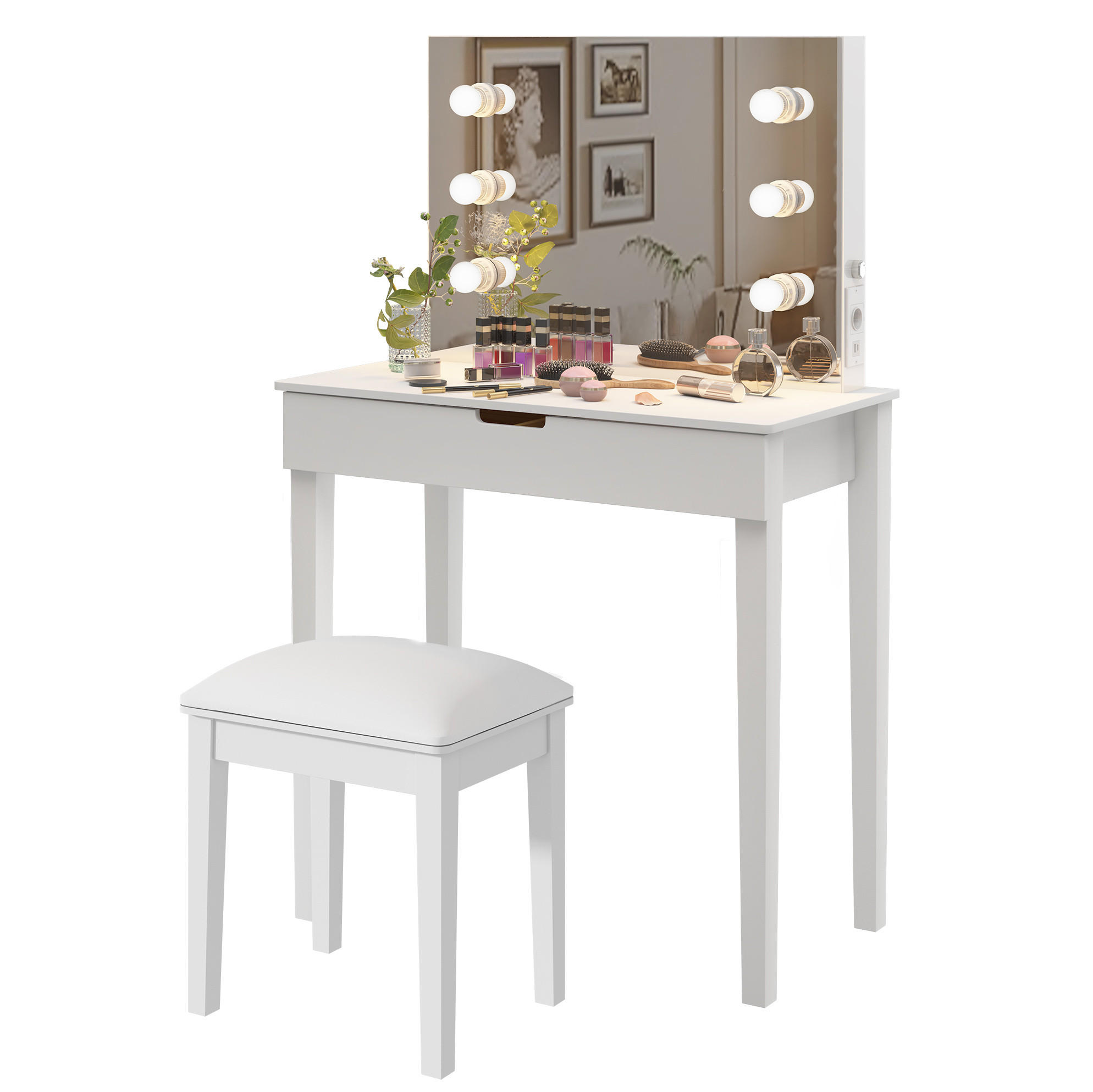 SCHMINKTISCH in Weiß mit Spiegel, LED-Beleuchtung, Hocker und 2 Schubladen - Weiß, Holzwerkstoff (125/40/80cm) - BEAOK
