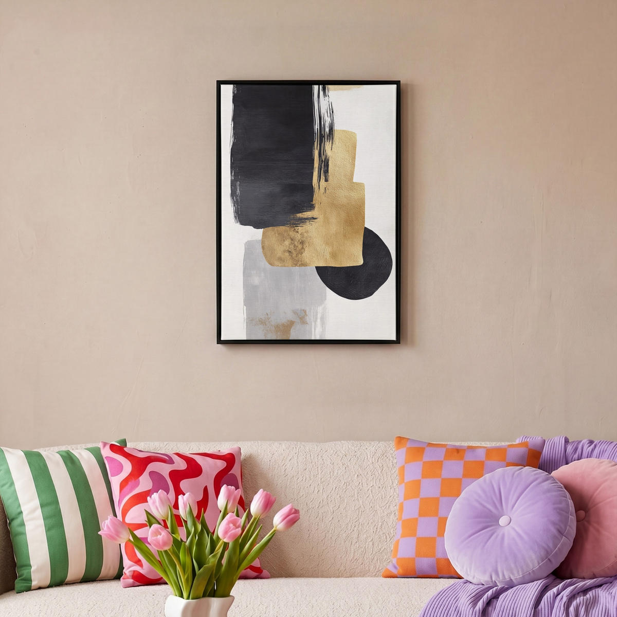 LEINWAND Bilder mit Rahmen - Gold - Rechtecke - Kreise - Abstrakt - 40x60 - Weiß, Textil (40/60cm) - MuchoWow