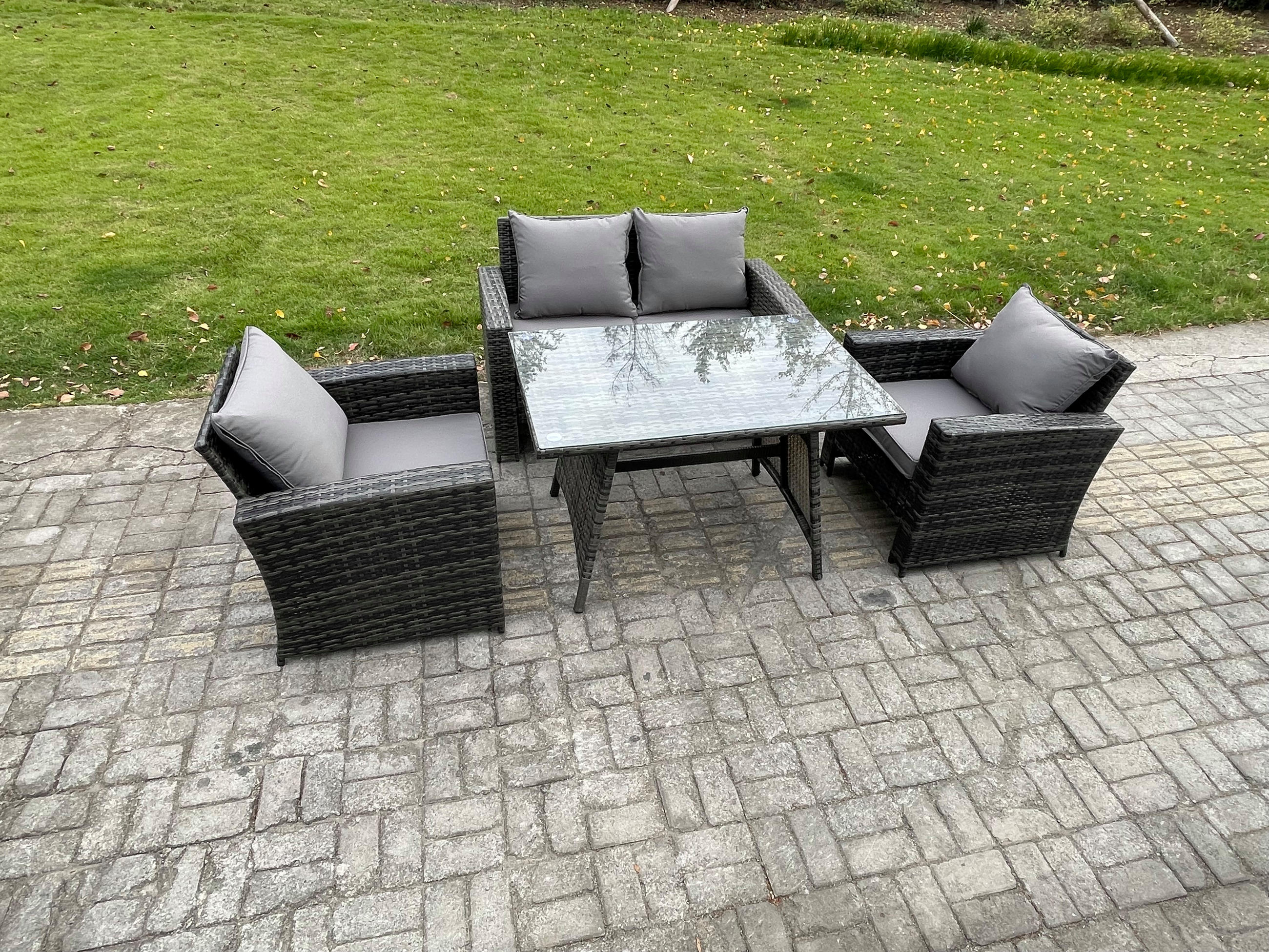 GARTENMÖBELSET mit ESSTISCH,HOCHLEHNER-SOFA Polyrattan Dunkelgrauer Mix 4-Sitzer - Dunkelgrau/Grau, Glas/Kunststoff - Fimous